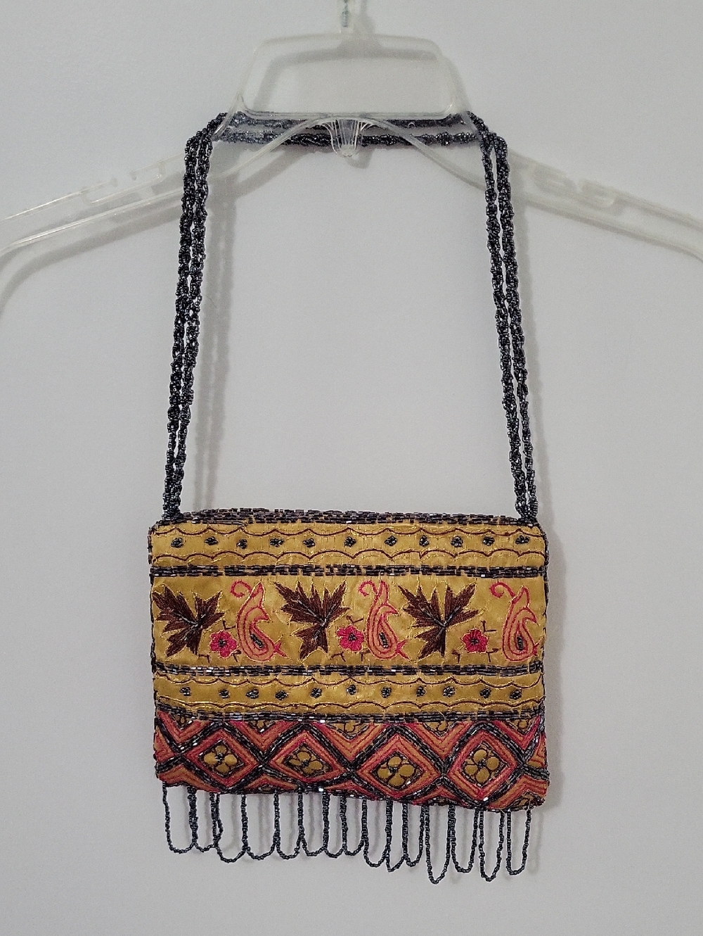 Embroidered Gold Boho Shoulder Bag with Beaded Fringe